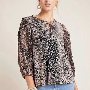 Maeve Anthropologie Jacquin Leopard Print RuffleTie Neck Peasant Blouse Sz Med